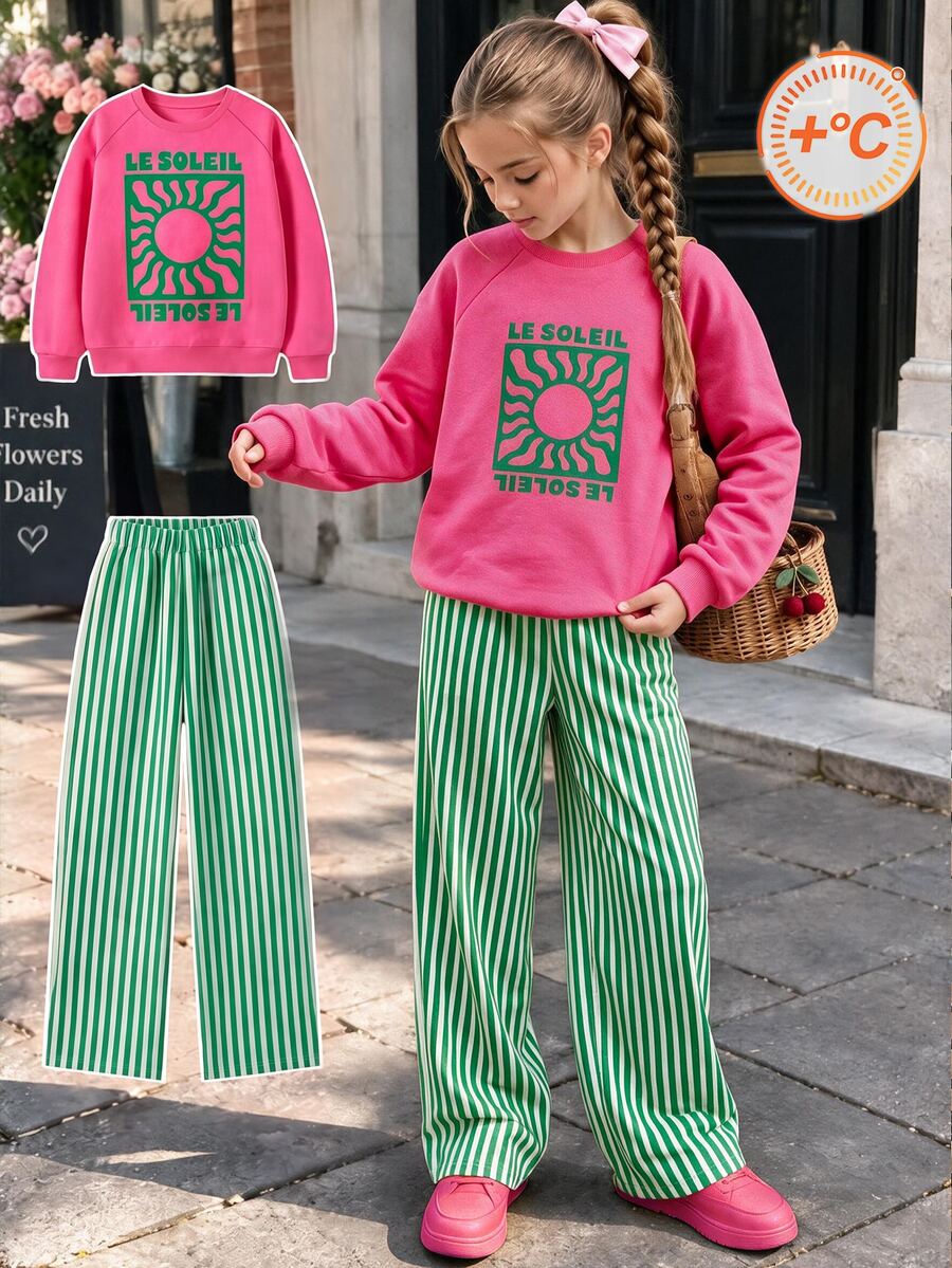SHEIN 2件組 7-12歲女童街頭風太陽字母條紋印花長袖舒適抓絨連帽衛衣褲套裝,適合學校、假期、旅行,秋冬穿搭 - 玫紅色 - 查看 1