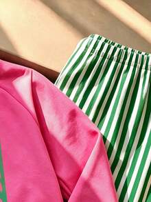 SHEIN 2件組 7-12歲女童街頭風太陽字母條紋印花長袖舒適抓絨連帽衛衣褲套裝，適合學校、假期、旅行，秋冬穿搭 - 玫紅色 - 查看 7