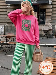 SHEIN 2件組 7-12歲女童街頭風太陽字母條紋印花長袖舒適抓絨連帽衛衣褲套裝，適合學校、假期、旅行，秋冬穿搭 - 玫紅色 - 查看 4