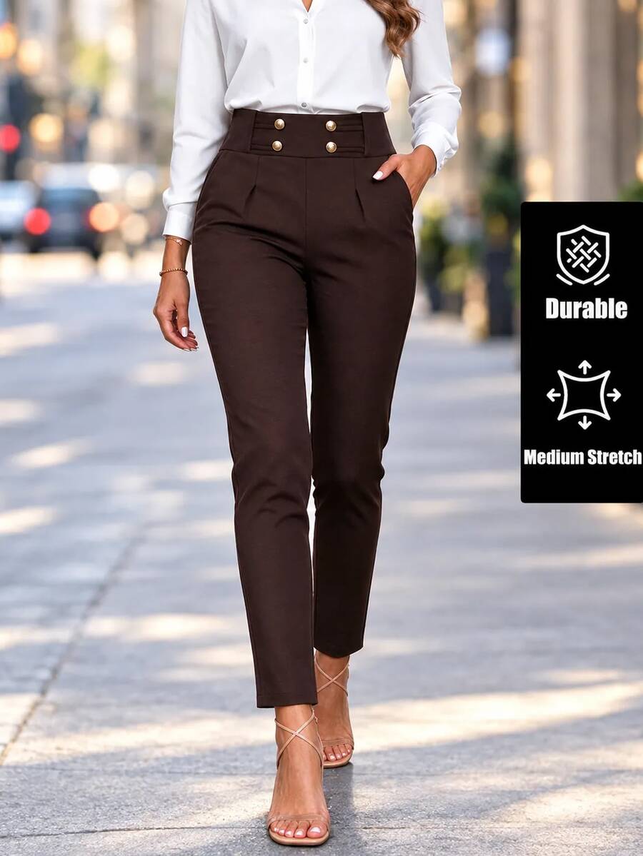 Balvessa Autumn Commute High Waist Cigarette Pants, Double-Breasted Design, Drape Cropped Suit Pants, Versatile Women's Trousers - Rust Brown - View 1