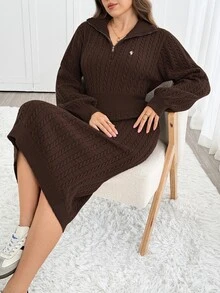 Easowa Curve 大尺碼女款純色休閒極簡風夏季針織洋裝 冬季 - 咖啡棕 - 查看 3