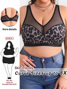 SHEIN CURVE+ Plus Size Leopard Print Sheer Mesh Insert Wireless Curved Tank Top , Summer/Beach Vacation - Multicolor - View 1