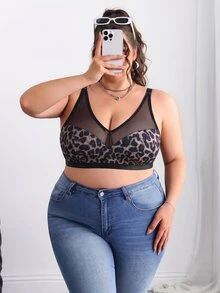 SHEIN CURVE+ Plus Size Leopard Print Sheer Mesh Insert Wireless Curved Tank Top , Summer/Beach Vacation - Multicolor - View 4