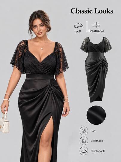 Sweetra Plus Size Square Neck Sweetheart Neckline Elegant Minimalist French Style Pleated Asymmetrical Hem Ruffle Sleeve Midi Bud Dress For Date Party Cocktail Party Cocktail Dress Lace Trim Black Satin All Season Dress For Women