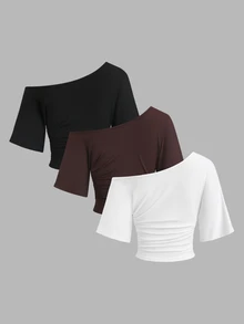 Sweetra Plus Size Women's Casual 3-Piece Set: Ruched Shoulder Short Sleeve Tee, Elegant Vintage Style, Suitable For Holiday & Home Wear - Multicolor - View 3