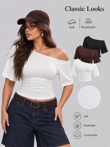 Sweetra Plus Size Women's Casual 3-Piece Set: Ruched Shoulder Short Sleeve Tee, Elegant Vintage Style, Suitable For Holiday & Home Wear - Multicolor - View 1