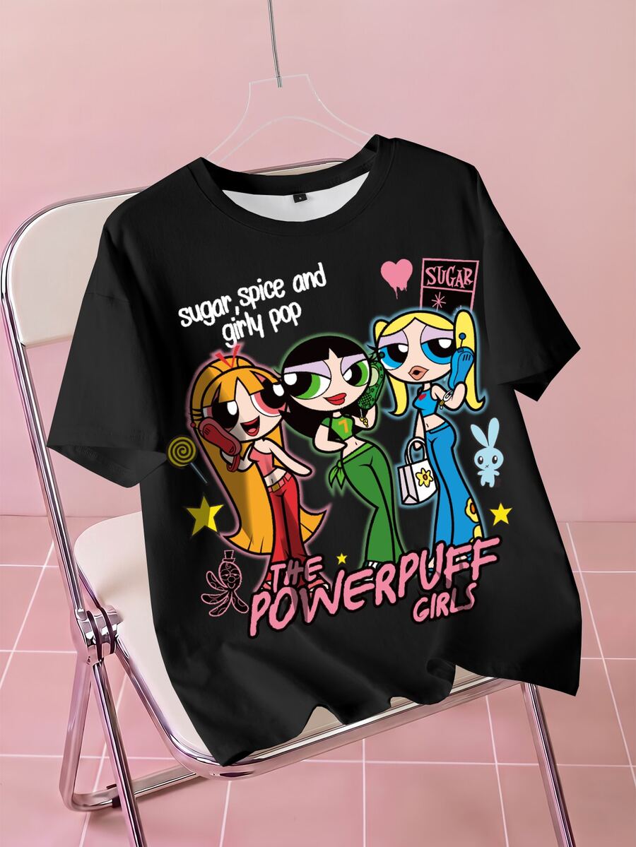 THE POWERPUFF GIRLS X SHEIN Plus Size Women's Letter Cartoon Print ...