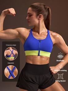 Powerista Women's Colorblock Casual Daily Sports Bra Blue And Yellow High Support Gym Training Workout Running Daily Outdoor Going Out Fitness Fashion Casual - Blue - View 1