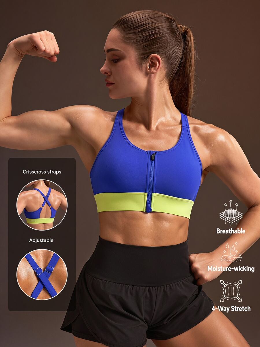 Powerista Women's Colorblock Casual Daily Sports Bra Blue And Yellow High Support Gym Training Workout Running Daily Outdoor Going Out Fitness Fashion Casual - Blue - View 1