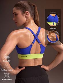 Powerista Women's Colorblock Casual Daily Sports Bra Blue And Yellow High Support Gym Training Workout Running Daily Outdoor Going Out Fitness Fashion Casual - Blue - View 2