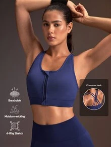 Powerista Women's Solid Color Zipper Front Criss-Cross Back Everyday Fitness Sports Bra Running Gym Fitness Workout Navy Going Out Daily Fashion Casual - Purple - View 1