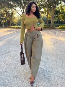 Alexandranx 女款绿色圆领纽扣长袖毛边时髦开衫，绿色套头针织，绿色毛绒面料，手感柔软，穿着舒适，下摆开衩，适合秋冬季节，秋冬季节，舒适温暖，也可穿得简洁时尚，Y2K风格，Siren Office，适合日常出街、通勤、居家、度假穿着 - 綠色 - 查看 3