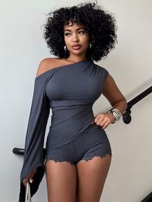 Alexandranx Sexy Casual Streetwear Lace Patchwork 2-Way Wearable Off-Shoulder Off-Shoulder Ruched Top & Super Short Shorts 2-Piece Set For Women - Dark Grey - View 1