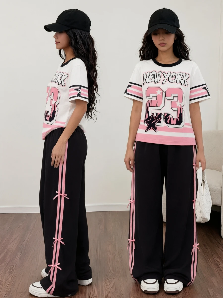 SHEIN 青少年女孩 2件組圓領短袖短版上衣寬腿褲套裝 蝴蝶結腰帶 夏季街頭風 Y2K 寬鬆 粉色 正式派對 黑色 - 彩色 - 查看 1