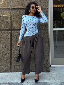 Alexandranx 波點撞色圓領長袖上衣，可愛休閒優雅風，適合外出、日常、辦公室、學校，春夏穿著，母親節禮物 - 藍色 - 查看 6