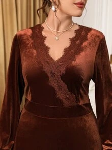 Miaspire 大尺碼女款秋冬休閒優雅感恩節聖誕節棕色蕾絲拼接天鵝絨洋裝，派對正式晚宴秋季款 - 棕色 - 查看 4