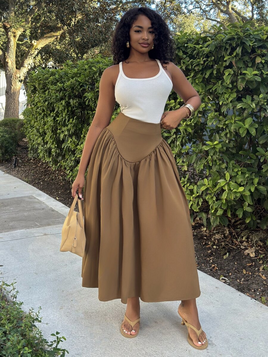 Alexandranx Drop Waist Side Zipper Flowy Midi Skirt, Resort Wear, Beach To Dinner, Vacation Wear, Resort Chic, Vacation Ready - Brown - View 1