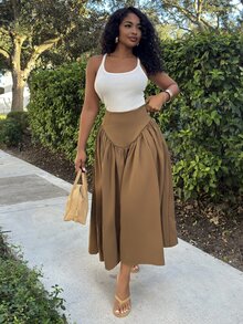 Alexandranx Drop Waist Side Zipper Flowy Midi Skirt, Resort Wear, Beach To Dinner, Vacation Wear, Resort Chic, Vacation Ready - Brown - View 6