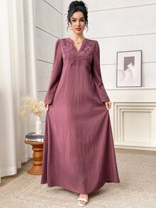 Al Najma 女款優雅菲律賓風印度式純色蕾絲拼接阿拉伯長裙，休閒端莊時尚，適合時裝週、辦公室、婚禮，酒紅色，秋季 - 粉色 - 查看 3