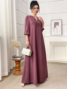 Al Najma 女款優雅菲律賓風印度式純色蕾絲拼接阿拉伯長裙，休閒端莊時尚，適合時裝週、辦公室、婚禮，酒紅色，秋季 - 粉色 - 查看 5