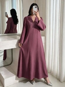 Al Najma 女款優雅菲律賓風印度式純色蕾絲拼接阿拉伯長裙，休閒端莊時尚，適合時裝週、辦公室、婚禮，酒紅色，秋季 - 粉色 - 查看 1