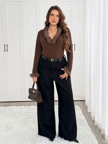 SHEIN LUNE Plus Size Faux Fur Patchwork Ribbed Long Sleeve Elegant T-Shirt - Coffee Brown - View 3