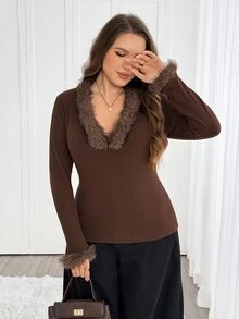 SHEIN LUNE Plus Size Faux Fur Patchwork Ribbed Long Sleeve Elegant T-Shirt - Coffee Brown - View 5
