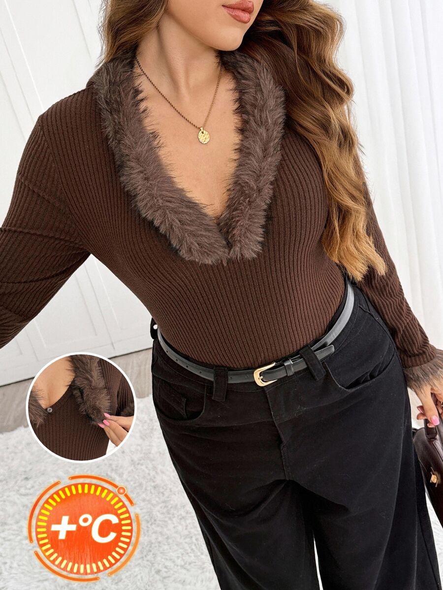 SHEIN LUNE Plus Size Faux Fur Patchwork Ribbed Long Sleeve Elegant T-Shirt - Coffee Brown - View 1