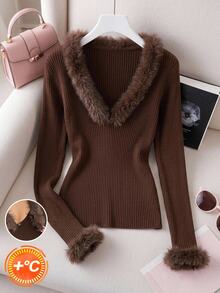 SHEIN LUNE Plus Size Faux Fur Patchwork Ribbed Long Sleeve Elegant T-Shirt - Coffee Brown - View 2
