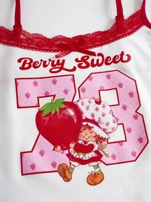 Strawberry Shortcake X SHEIN 女士甜美可爱蕾丝拼接3D蝴蝶结装饰吊带背心 - 白色 - 查看 7