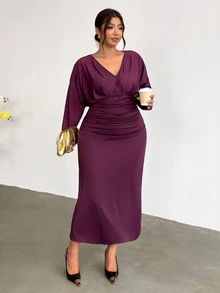 Firerie Plus Size Purple-Red Ruched Waist V-Neck Long Sleeve Dropped Shoulder Fishtail Maxi Dress For Party And Date Fall - Red Violet - View 9