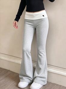 SHEIN Teen Girl Winter Folded Waist Casual Junior Baggy Versatile Flare Pants, Holiday, Comfortable, Daily Sports Gym Sport Black White - Multicolor - View 8