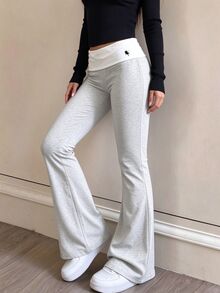 SHEIN Teen Girl Winter Folded Waist Casual Junior Baggy Versatile Flare Pants, Holiday, Comfortable, Daily Sports Gym Sport Black White - Multicolor - View 6