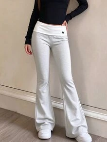 SHEIN Teen Girl Winter Folded Waist Casual Junior Baggy Versatile Flare Pants, Holiday, Comfortable, Daily Sports Gym Sport Black White - Multicolor - View 7
