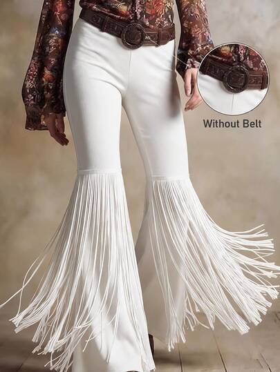 Solivie Women's Flare Leg Pants With Tassel Trim, Long Bell Bottom Trousers, Suitable For Daily Wear, Vintage Romantic Style