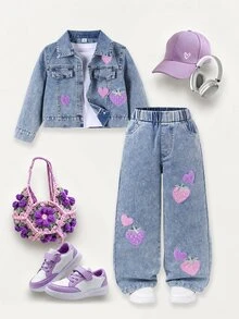 SHEIN 秋冬女童時尚心形草莓刺繡嬰兒藍甜美水洗牛仔兩件套：短版牛仔外套 + 寬鬆寬腿牛仔褲 - 藍色 - 查看 2