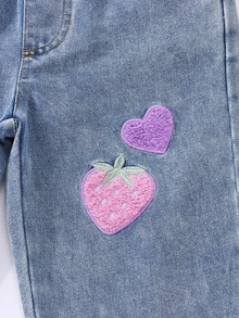 SHEIN 秋冬女童時尚心形草莓刺繡嬰兒藍甜美水洗牛仔兩件套：短版牛仔外套 + 寬鬆寬腿牛仔褲 - 藍色 - 查看 8