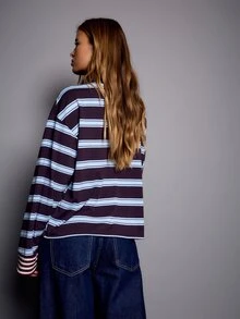 Nöista Womenswear Long Sleeve In Circular Stripped Fabric, Combine 2 Fabrics Body And Cuff, Boxy Fit, Perfect For Casual Looks In Fall Winter, Cute, Vacation - Brown - View 5