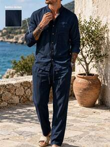 VENTUSAIL Setelan Linen Bergaris Beige Musim Semi/Gugur 2026 untuk Pria: Kemeja Lengan Pendek Linen Slub Bernapas untuk Liburan Pantai Kasual - Navy Blue - View 3