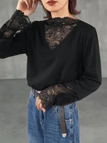 FRIFUL Women's Lace Patchwork Casual Daily Wear T-Shirt - Black - View 4