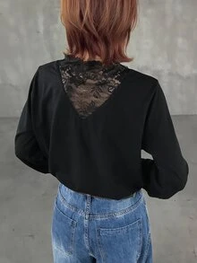 FRIFUL Women's Lace Patchwork Casual Daily Wear T-Shirt - Black - View 5