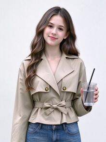 SHEIN 青少年女孩純色腰綁帶休閒拿破崙貓眼款街頭風百搭長袖夾克外套 2027年級輕色水洗秋季米色 - 卡其色 - 查看 3