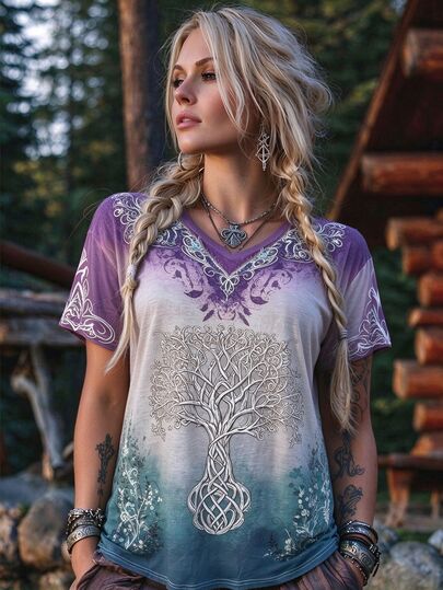 LanaWest CURVE Women's V-Neck T-Shirt Featuring An Elegant, Bohemian-Style Print-A Casual, All-Season Staple.