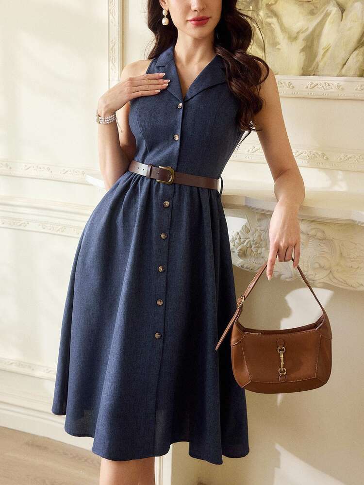 Vintamour Vintage Preppy Retro Elegant Women's Navy Blue Summer Shirt Dress Pockets Belt Casual Office Brunch Work Tea Party Wedding Guest Teachers' Day - Blue - View 5