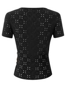 SHEIN LUNE Women's Summer Casual Solid Color Textured Wrap T-Shirt - Black - View 2