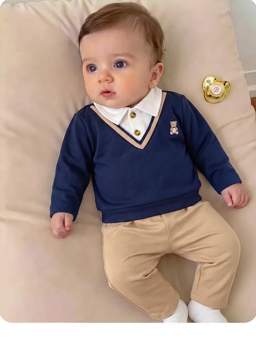 SHEIN Newborn Colorblock 2 In Kids Kids Kids Kids 1 Preppy -Neck Cute Bear Print Half- Pullover Top & Straight Leg Casual Pants Set, Suitable For Winter - Blue - View 1