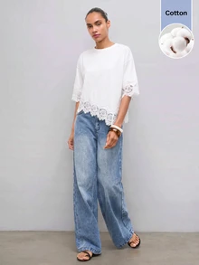 Maija 女款蕾絲拼接休閒優雅日常穿搭 T-shirt 白色 夏季下午茶早午餐派對上衣 - 白色 - 查看 8