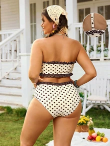 SHEIN Swim Top de Bikini Bandeau Sexy & Lindo con Lunares Marrones y Blancos para Mujer Talla Grande con Braguita Triángulo (Incluye Tirantes Desmontables) - Fiesta de Vacaciones de Verano - Multicolor - Ver 3