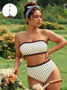 SHEIN Swim Top de Bikini Bandeau Sexy & Lindo con Lunares Marrones y Blancos para Mujer Talla Grande con Braguita Triángulo (Incluye Tirantes Desmontables) - Fiesta de Vacaciones de Verano - Multicolor - Ver 9