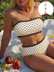SHEIN Swim Top de Bikini Bandeau Sexy & Lindo con Lunares Marrones y Blancos para Mujer Talla Grande con Braguita Triángulo (Incluye Tirantes Desmontables) - Fiesta de Vacaciones de Verano - Multicolor - Ver 2